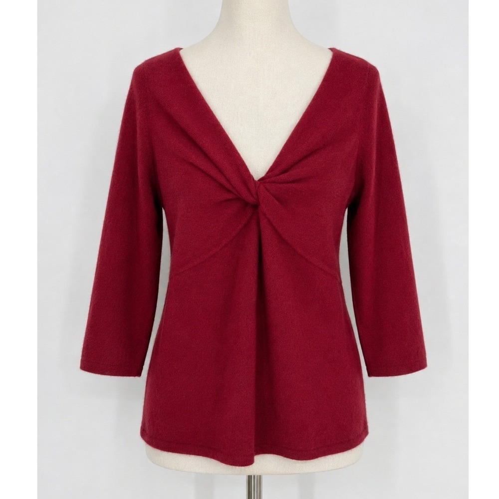 Ann Taylor Cashmere Sweater Size Large Red Twist Front 3/4 Sleeve Soft Cozy Knit